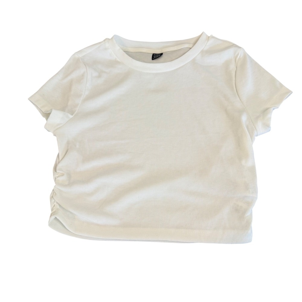 Shein Womens White Ribbed Ruched Side‎ Short Sleeve Crew Neck Crop Top Size M 6